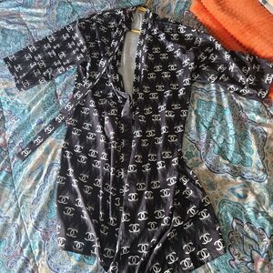 Black Logo-Print Kimono Wrap Dress